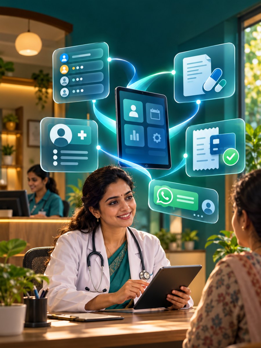 A doctor and a patient in consultation, with the patient's record, prescription, bill and WhatsApp message beside them