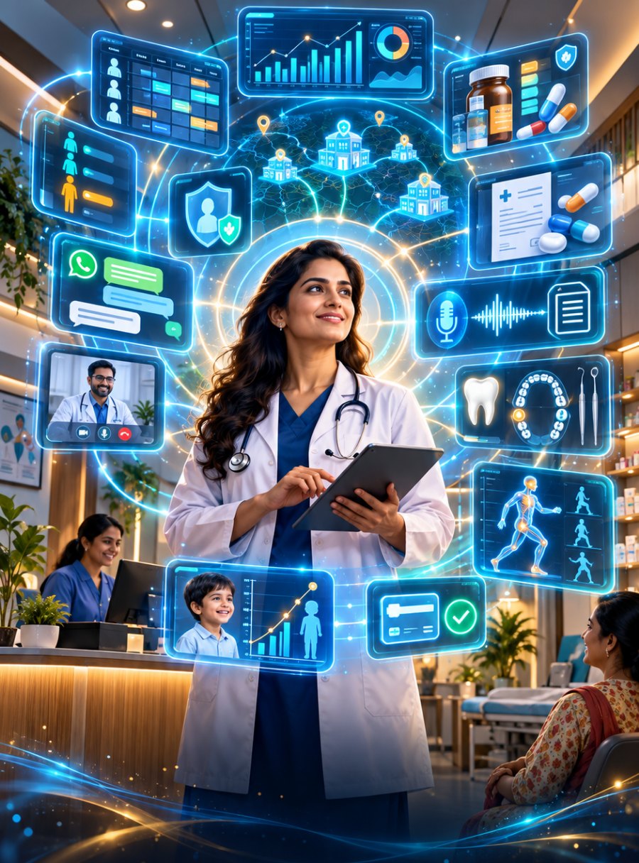 A doctor with the clinic's work around her — appointments, records, prescriptions, pharmacy, teleconsultation, payments and WhatsApp messages